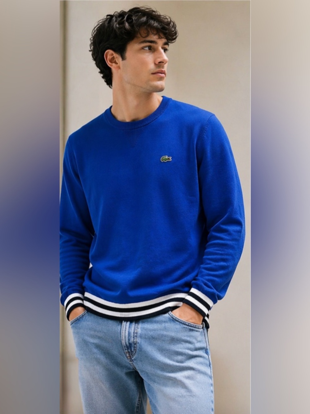 Lacoste Crewneck Sweater Men's Large Blue Cotton Pullover Stripe Hem